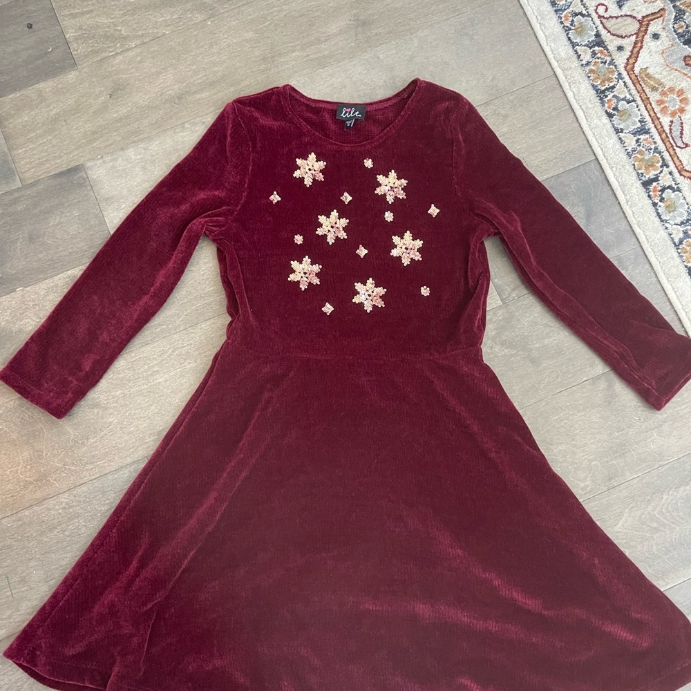 Lily Burgundy Kids Dress with Snowflake Design
